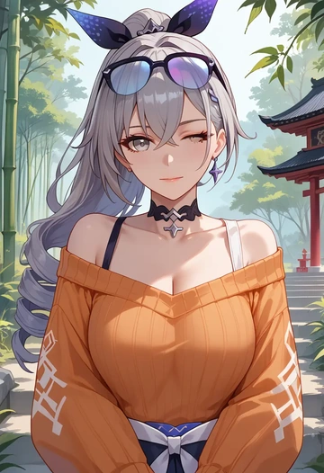 star rail,silver wolf,orange,sweater,choker  - AI generated anime art